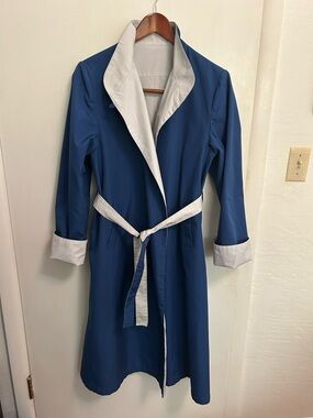 VTG 80s Reversible Trench Coat Womens 12 Blue Gray Belted Minimalist Colorblock
